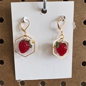 Gold Hexagon Strawberry Drop Earrings - Red